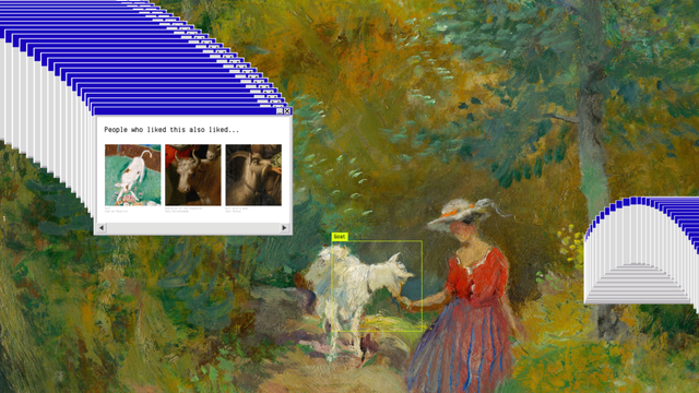 The collage shows multiple repeated tabs with the words "people who liked this also liked...". In the middle, there is a painting of a woman feeding a goat. The goat has been highlighted in a yellow bounding box. The background is a painted nature scene.